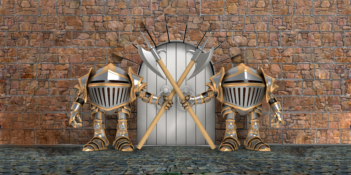 computer generated gate through castle wall guarded by two knight-like figures